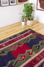 Load image into Gallery viewer, 5x7 Vintage Anatolian Turkish Kilim Area Rug | Symmetrical geometric design tribal motifs alternating colors | SKU 505