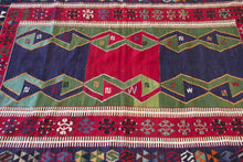 Load image into Gallery viewer, 5x7 Vintage Anatolian Turkish Kilim Area Rug | Symmetrical geometric design tribal motifs alternating colors | SKU 505