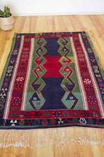 Load image into Gallery viewer, 5x7 Vintage Anatolian Turkish Kilim Area Rug | Symmetrical geometric design tribal motifs alternating colors | SKU 505