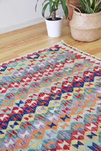 Load image into Gallery viewer, 4x6 Vintage Kilim Area Rug | Repeating all over diamond tribal motifs colorful design | SKU 517
