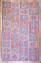 Load image into Gallery viewer, 7x10 Vintage Anatolian Turkish Kilim Area Rug Bold Tribal Motifs Placed in Symmetrical Squares Soft Muted Colors | SKU 518