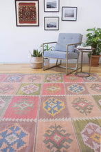 Load image into Gallery viewer, 7x10 Vintage Anatolian Turkish Kilim Area Rug Bold Tribal Motifs Placed in Symmetrical Squares Soft Muted Colors | SKU 518