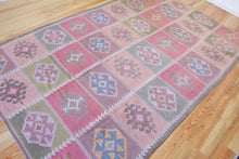 Load image into Gallery viewer, 7x10 Vintage Anatolian Turkish Kilim Area Rug Bold Tribal Motifs Placed in Symmetrical Squares Soft Muted Colors | SKU 518