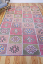 Load image into Gallery viewer, 7x10 Vintage Anatolian Turkish Kilim Area Rug Bold Tribal Motifs Placed in Symmetrical Squares Soft Muted Colors | SKU 518
