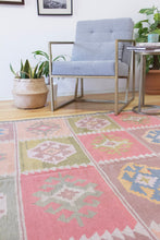 Load image into Gallery viewer, 7x10 Vintage Anatolian Turkish Kilim Area Rug Bold Tribal Motifs Placed in Symmetrical Squares Soft Muted Colors | SKU 518