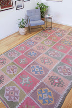 Load image into Gallery viewer, 7x10 Vintage Anatolian Turkish Kilim Area Rug Bold Tribal Motifs Placed in Symmetrical Squares Soft Muted Colors | SKU 518
