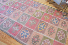 Load image into Gallery viewer, 7x10 Vintage Anatolian Turkish Kilim Area Rug Bold Tribal Motifs Placed in Symmetrical Squares Soft Muted Colors | SKU 518