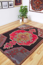 Load image into Gallery viewer, 5x7 Vintage Eastern Anatolian 'Kars' Turkish Area Rug | Single bold red medallion black field gray corners pink accents | SKU 525
