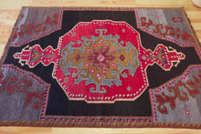 Load image into Gallery viewer, 5x7 Vintage Eastern Anatolian 'Kars' Turkish Area Rug | Single bold red medallion black field gray corners pink accents | SKU 525