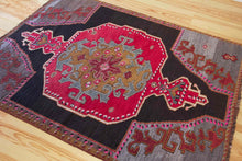 Load image into Gallery viewer, 5x7 Vintage Eastern Anatolian 'Kars' Turkish Area Rug | Single bold red medallion black field gray corners pink accents | SKU 525