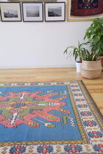 Load image into Gallery viewer, 5x9 Vintage Eastern Anatolian 'Kars' Turkish Area Rug | Double medallion on spacious blue field with geometric border | SKU 528