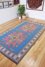 Load image into Gallery viewer, 5x9 Vintage Eastern Anatolian 'Kars' Turkish Area Rug | Double medallion on spacious blue field with geometric border | SKU 528