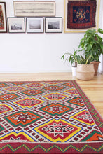 Load image into Gallery viewer, 6x9 Vintage Anatolian Turkish Kilim Area Rug | Repeating staggered all over motifs | SKU 530