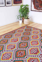 Load image into Gallery viewer, 6x9 Vintage Anatolian Turkish Kilim Area Rug | Repeating staggered all over motifs | SKU 530