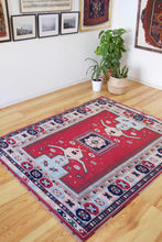 Load image into Gallery viewer, 5x6 Vintage Central Anatolian 'Yoruk' Turkish Rug | Square medallion symmetrical geometric design light border | SKU 533