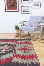 Load image into Gallery viewer, 5x7 Vintage Anatolian Turkish Kilim Area Rug | Bold geometric tribal symbols muted colors | SKU 551