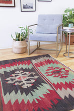 Load image into Gallery viewer, 5x7 Vintage Anatolian Turkish Kilim Area Rug | Bold geometric tribal symbols muted colors | SKU 551