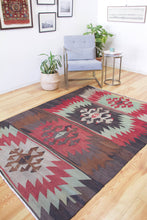Load image into Gallery viewer, 5x7 Vintage Anatolian Turkish Kilim Area Rug | Bold geometric tribal symbols muted colors | SKU 551