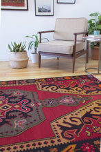 Load image into Gallery viewer, 5x9 Vintage Eastern Anatolian 'Kars' Turkish Kilim Area Rug Bold Medallion Red Field Geometric Design Floral Embellishments | SKU 553