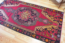 Load image into Gallery viewer, 5x9 Vintage Eastern Anatolian 'Kars' Turkish Kilim Area Rug Bold Medallion Red Field Geometric Design Floral Embellishments | SKU 553