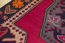 Load image into Gallery viewer, 5x9 Vintage Eastern Anatolian 'Kars' Turkish Kilim Area Rug Bold Medallion Red Field Geometric Design Floral Embellishments | SKU 553