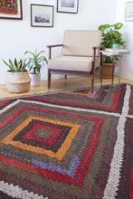 Load image into Gallery viewer, 7x12 Vintage Western Anatolian Turkish Kilim Area Rug Colorful Symmetrical Diamond Design with Alternating Colors  | SKU 557