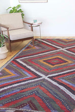 Load image into Gallery viewer, 7x12 Vintage Western Anatolian Turkish Kilim Area Rug Colorful Symmetrical Diamond Design with Alternating Colors  | SKU 557