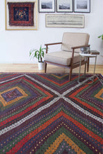 Load image into Gallery viewer, 7x10 Vintage Western Anatolian Turkish Kilim Area Rug Colorful Symmetrical Diamond Design with Alternating Colors  | SKU 580