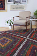 Load image into Gallery viewer, 7x10 Vintage Western Anatolian Turkish Kilim Area Rug Colorful Symmetrical Diamond Design with Alternating Colors  | SKU 580