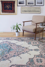 Load image into Gallery viewer, 7x10 Vintage Western Anatolian Oushak Style 'Kula' Turkish Area Rug Bold Diamond Medallion Geometric Design Floral Border | SKU 601