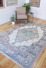 Load image into Gallery viewer, 7x10 Vintage Western Anatolian Oushak Style 'Kula' Turkish Area Rug Bold Diamond Medallion Geometric Design Floral Border | SKU 601