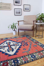 Load image into Gallery viewer, 5x6 Vintage Central Anatolian 'Aksaray' Turkish Area Rug | Bold Diamond Medallion Spacious Field Scattered Motifs Stylized Border | SKU 612