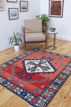Load image into Gallery viewer, 5x6 Vintage Central Anatolian 'Aksaray' Turkish Area Rug | Bold Diamond Medallion Spacious Field Scattered Motifs Stylized Border | SKU 612