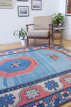 Load image into Gallery viewer, 6x10 Vintage Central Anatolian 'Aksaray' Turkish Area Rug | Geometric Medallion Spacious Blue Field Geometric Border | SKU 619