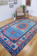 Load image into Gallery viewer, 6x10 Vintage Central Anatolian 'Aksaray' Turkish Area Rug | Geometric Medallion Spacious Blue Field Geometric Border | SKU 619