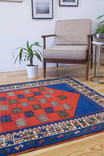 Load image into Gallery viewer, 4x6 Vintage Central Anatolian 'Taspinar' Turkish Area Rug | Double Nieche with Symmetrical Geometric Motifs on Blue Field Stylized Border | SKU 623