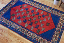 Load image into Gallery viewer, 4x6 Vintage Central Anatolian 'Taspinar' Turkish Area Rug | Double Nieche with Symmetrical Geometric Motifs on Blue Field Stylized Border | SKU 623