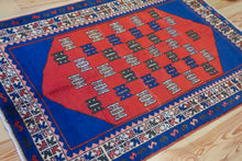 Load image into Gallery viewer, 4x6 Vintage Central Anatolian 'Taspinar' Turkish Area Rug | Double Nieche with Symmetrical Geometric Motifs on Blue Field Stylized Border | SKU 623