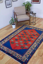 Load image into Gallery viewer, 4x6 Vintage Central Anatolian 'Taspinar' Turkish Area Rug | Double Nieche with Symmetrical Geometric Motifs on Blue Field Stylized Border | SKU 623