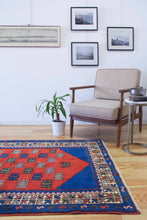 Load image into Gallery viewer, 4x6 Vintage Central Anatolian 'Taspinar' Turkish Area Rug | Double Nieche with Symmetrical Geometric Motifs on Blue Field Stylized Border | SKU 623
