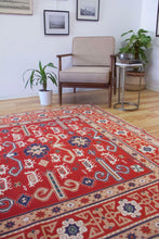 Load image into Gallery viewer, 6x7 Vintage Central Anatolian Caucasian 'Perpedil' Design 'York' Turkish Area Rug | Symmetrical Stylized Motifs Vibrant Colors Geometric Border | SKU 624