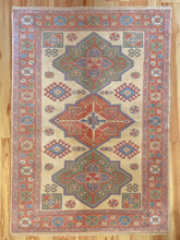 Load image into Gallery viewer, 5x7 Vintage Western Anatolian Turkish Area Rug | Triple Diamond Medallion Geometric Design Soft Colors Stylized Border | SKU 633