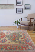 Load image into Gallery viewer, 5x7 Vintage Western Anatolian Turkish Area Rug | Triple Diamond Medallion Geometric Design Soft Colors Stylized Border | SKU 633