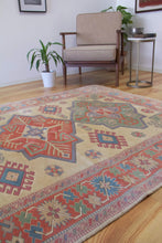 Load image into Gallery viewer, 5x7 Vintage Western Anatolian Turkish Area Rug | Triple Diamond Medallion Geometric Design Soft Colors Stylized Border | SKU 633