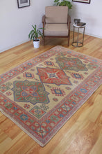 Load image into Gallery viewer, 5x7 Vintage Western Anatolian Turkish Area Rug | Triple Diamond Medallion Geometric Design Soft Colors Stylized Border | SKU 633