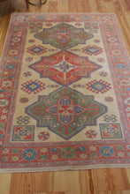 Load image into Gallery viewer, 5x7 Vintage Western Anatolian Turkish Area Rug | Triple Diamond Medallion Geometric Design Soft Colors Stylized Border | SKU 633