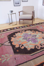 Load image into Gallery viewer, 7x15 Vintage Eastern Anatolian 'Kars' Oversized Turkish Kilim Area Rug | Bold Medallion with Spacious Field Symmetrical Large Motifs Soft Colors Geometric Border | SKU 637