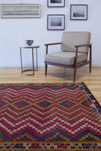 Load image into Gallery viewer, 5x9 Vintage Southern Anatolian Turkish Kilim Area Rug | Symmetrical Staggered Design with Diamond Shapes in the Middle Bold Colors | SKU 639