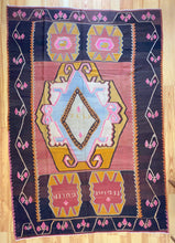 Load image into Gallery viewer, 7x10 Vintage Eastern Anatolian 'Kars' Turkish Kilim Area Rug | Bold Medallion Geometric Designs on Corners Stylized Floral Border | SKU 640
