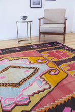 Load image into Gallery viewer, 7x10 Vintage Eastern Anatolian 'Kars' Turkish Kilim Area Rug | Bold Medallion Geometric Designs on Corners Stylized Floral Border | SKU 640